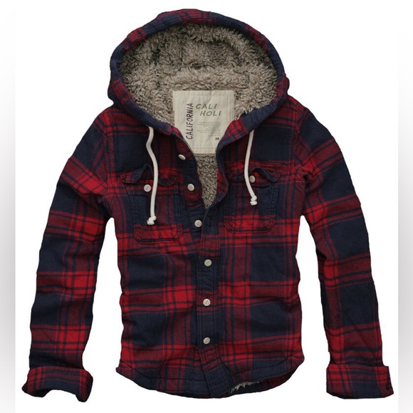 CALI HOLI Muscle Fit Faux Fur Flannel Check Hoodie Jacket Red Navy. 3XL (US M-L)